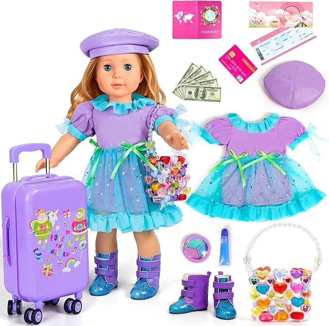 WONDOLL 18-inch-Doll-Clothes and Accessories -Travel-Suitcase Luggage, Clothes and Shoes, Handbag, Berets,Passport, Notebook, Travel Gear Play Sets(No Doll)