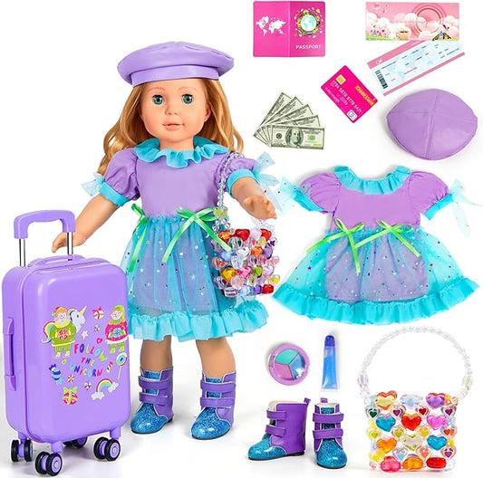 WONDOLL 18-inch-Doll-Clothes and Accessories -Travel-Suitcase Luggage, Clothes and Shoes, Handbag, Berets,Passport, Notebook, Travel Gear Play Sets(No Doll)