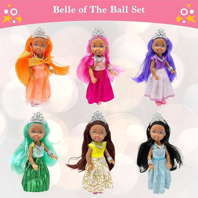 Little Dolls Set with Mini Princess Dolls for Girls – Princess Toy Dolls for Dollhouse –Small Doll Mini Princess Figures with Tiaras, Hair Accessories