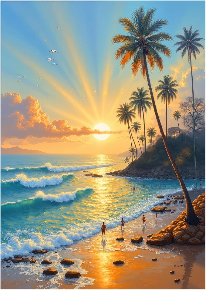 Seaside Puzzles for Adults 1000 Pieces, Tropical Beach Jigsaw Sunset Palm Trees Ocean Waves, 28x20 Inch Coastal Puzzle with Letters on Back, Wall Art, Relaxing Family Game, Easter