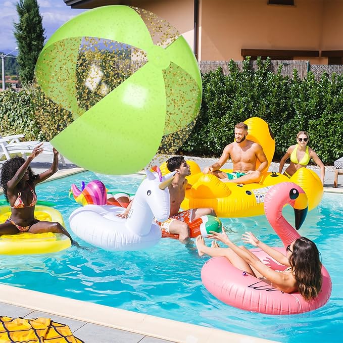 Realspring 2 Pcs 48'' Giant Beach Balls for Swimming Pool 4 Ft Jumbo Glitter Confetti Inflatable PVC Pool Balls Large Summer Blow up Beach Toys for Adults Summer Outdoor Party Favor(Green)