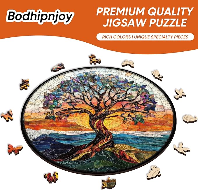 Bodhipnjoy Wooden Puzzles for Adults 500 Pieces, Stained Glass Tree of Life Puzzle, Unique Shape Mosaic Tree Puzzles for Kids, Family Game, Birthday Gifts 16.5 * 16.5 in