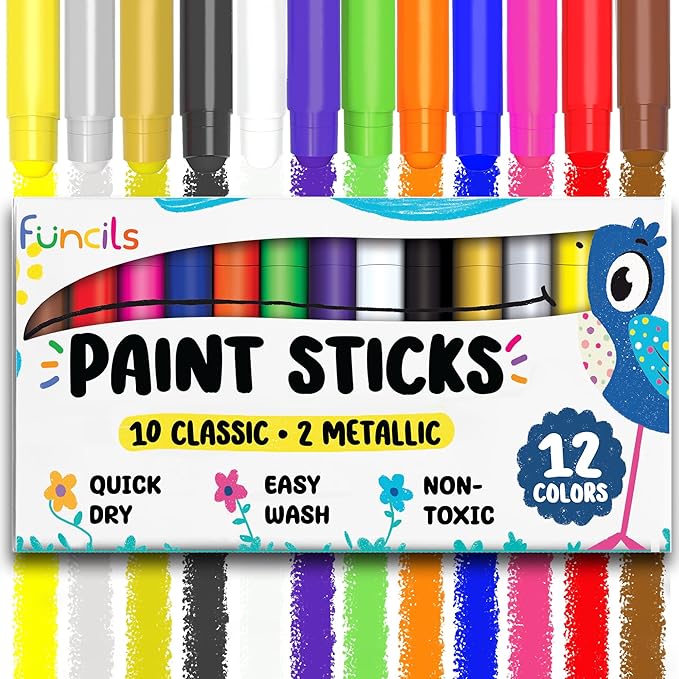 12 Tempera Paint Sticks for Kids & Toddlers - Quick Dry, Non-Toxic Washable Paint for Kids | Art & Craft Supplies Set, Solid Painting Markers with Metallic Gold & Silver Color Ages 1 2 3 4 5 6