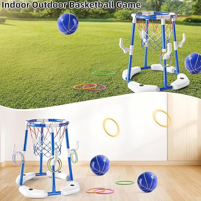 Pool Basketball Hoop, 2-in-1 Floating Pool Toys Ring Game with 4 Balls and Pump, Outdoor Swimming Pool Basketball Games Water Play Toy Family Party for Kids Adults Age 3-12 (Blue)