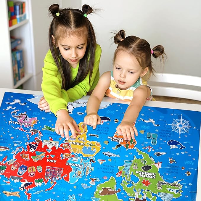 Jumbo Floor Puzzle for Kids,World Map Jigsaw Geography Puzzles,48 Piece Globe Atlas Puzzle with Continents,United States Puzzle for Ages 3-5,Preschool Learning Toys Easter Gift for 4-8 Years Old