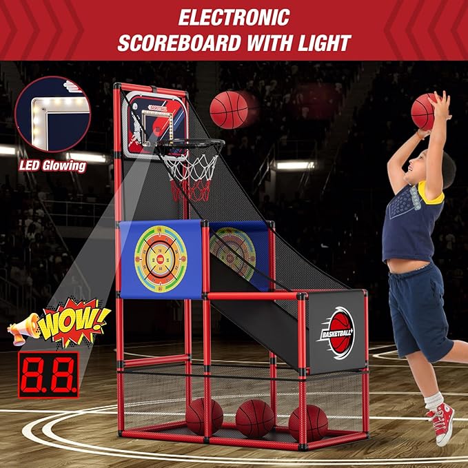 Basketball Arcade Game Indoor Outdoor, Kids Basketball Hoop with 4 Balls & Pump, Single Shot Basketball Game at Home, Carnival Games Sport Toys for Boys Girls Teens