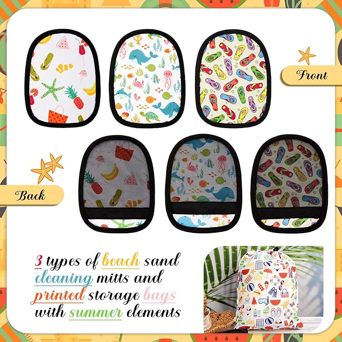 Skyley 3 Pcs Sand Off Beach Mitt Wipe Sand Remover with Portable Drawstring Bag for Ocean Volleyball Sport Activities Occasion, 3 Colors(Summer Beach)
