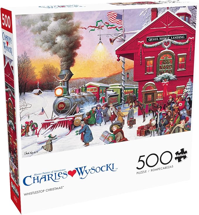 Buffalo Games - Whistle Stop Christmas - 500 Piece Holiday Puzzle for Adults - Charles Wysocki Jigsaw Puzzles - Festive Train Scene with Poster – 500 Colorful Pieces