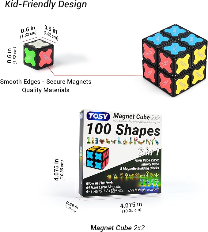 TOSY Magnet Cube 2x2 - 8 Blocks, 2in1 Toy: 2x2x2 Puzzle Cube and Customizable Infinity Cube, Easter Basket Stuffers Gifts for Kids/Grandkids, Glowing w/ UV Flashlight, STEM Toy, 2-Pack