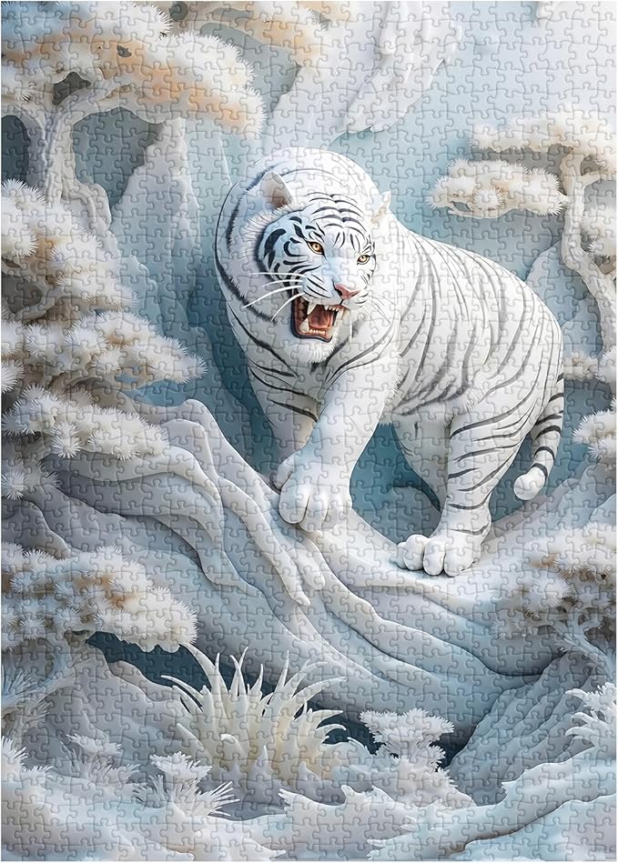 White Tiger Puzzles 1000 Pieces for Adults, Nature Forest Wild Animals Jigsaw Puzzles, Snowy Tiger Paper Cut Puzzle as Home Wall Art