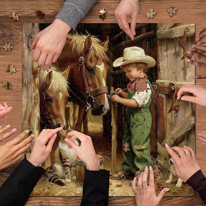Country Farm Animals Puzzles for Adults 1000 Pieces, Vintage Cowboy Boy with Horses, Cat, Puppy Scene Jigsaw Puzzle, Challenging Rustic Barn Farmhouse Art Puzzle