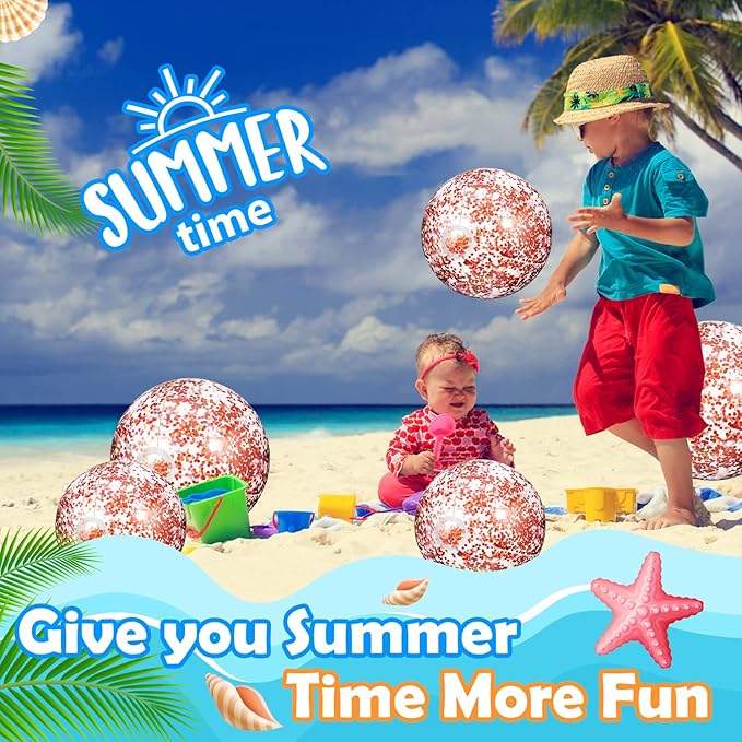 Lewtemi 12 Pcs Inflatable Glitter Beach Balls 16 Inch 24 Inch Shiny Giant Confetti Balls Swimming Pool Beach Blow up Balloon for Outdoor Summer Party Wedding Decor(Rose Gold)