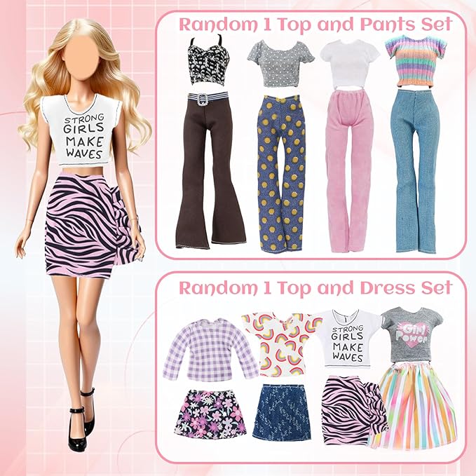 16 Pcs Doll Clothes for 11.5 inch Doll Include 1 Leather Coat Set 1 Fashion Dress Set 1 Pencil Skirt Set 2 Outfits 1 Sequen Dress Shoes Bag Necklace Hat in Random, for Girls