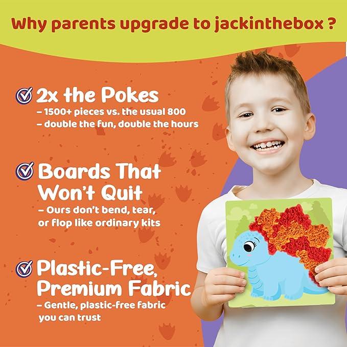 jackinthebox Poke Poke Art – Dinosaurs Theme, Mess-Free Fabric Art and Craft, Flower Pressing Kits, Gift for Kids, Easter Gifts for Girls and Boys Ages 4 5 6 7 8