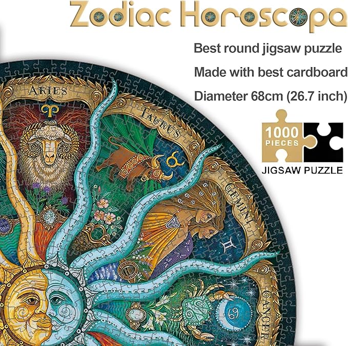 1000 Pieces Zodiac Jigsaw Puzzles for Adults Kids Teen Round Puzzle Game Toys Gift Zodiac Horoscope 26.7" x 26.7"