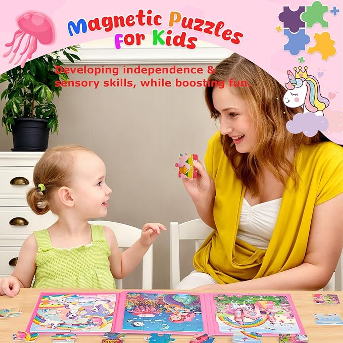 LovesTown Magnetic Puzzles for Toddlers, Educational 3-in-1 Fairytale Travel Puzzle Book, Learning Magnets for Kids, 48 PCS