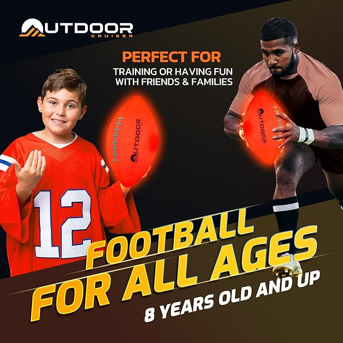 Outdoor Cruiser Light Up Football - Waterproof Rubber Construction, Glow in the Dark, Glows Up to 30 Hrs with Tap Activation, Complete Set with Pump & Spare Batteries, Official Size 6, for Ages 8-15
