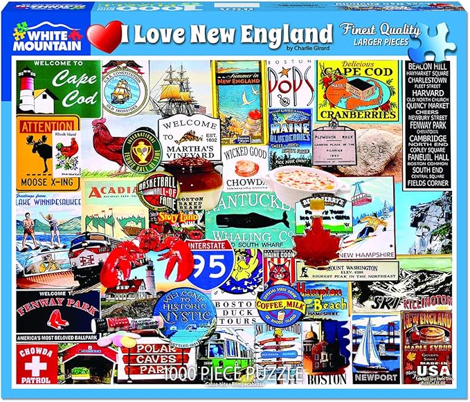 White Mountain 1000 Piece Jigsaw Puzzle Regional Icons Collage Puzzles with Large Pieces for Adults and Family 24"x30" - I Love New England