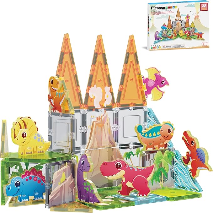 PicassoTiles Magnet Tiles Building Blocks Dinosaur Theme Set with 8 Magnetized Action Figures Magnetic Construction Build and Play Toy with Magnets STEM Learning Activities for Toddlers 3+ PTQ13