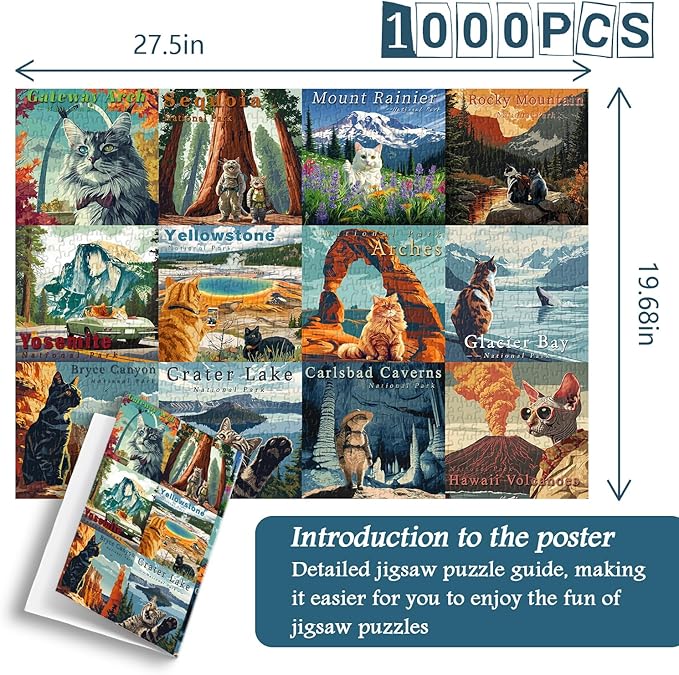 Cat Puzzles for Adults 1000 Pieces and up, National Parks Puzzle Series Kitty Travels Yellowstone Glacier, PICKFORU Funny Cat Jigsaw Puzzles as Home Decor
