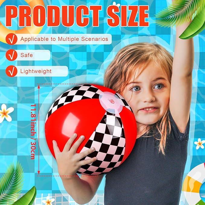 2 Pack Black White Red Beach Balls 11.8" Checkered Flag Themed Inflatable Beach Ball Bulk Race Car Birthday Party Supplies for Summer Pool End of The Year Decoration Favor