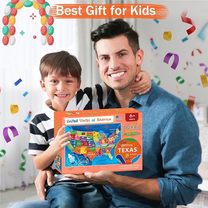 United States Map Puzzle for Kids Ages 6-8 8-10 10-12 - 200 Piece Floor Jigsaw with Poster - Educational USA Geography Jigsaw with 50 States & Capitals - Large Map Puzzle STEM Gift for Boys and Girls