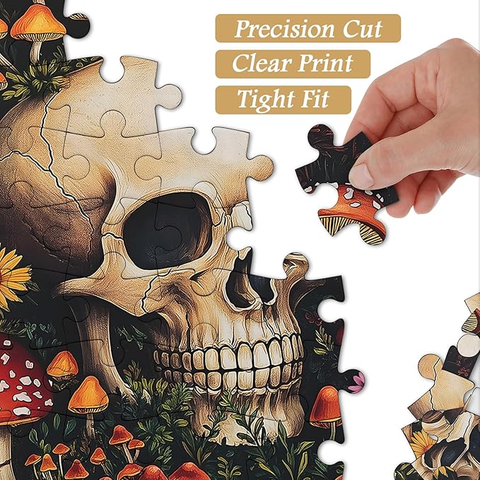 Vintage Mushroom 1000 Piece Puzzle for Adults, PICKFORU Horror Jigsaw Puzzles Skeleton Skull, Colorful Wildflower Puzzles for Adults, Terror Skull Puzzle as Mushroom Art