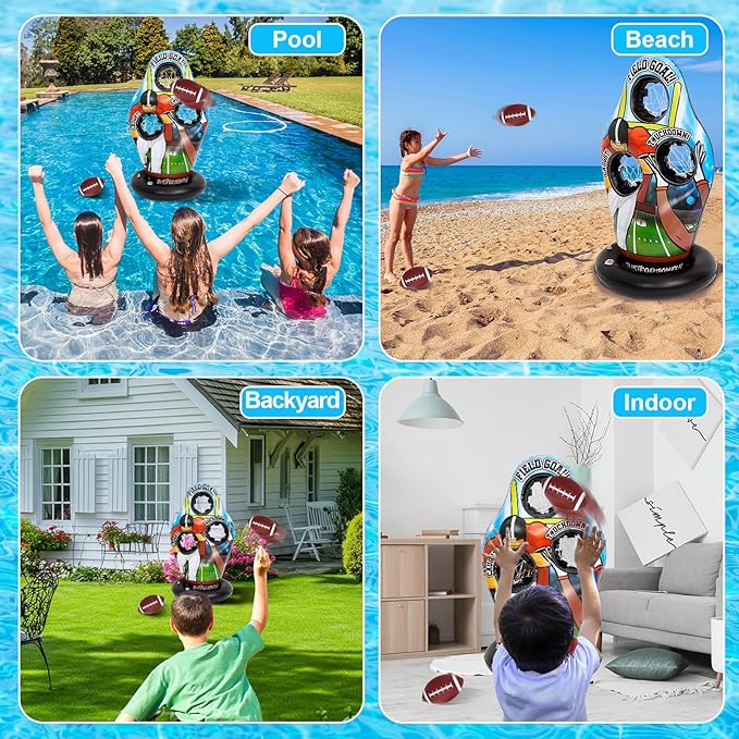 Inflatable Pool Toss Games, Football Target Toss Game with Mini Footballs for Kids Throwing Training Games for Yard Outdoor Indoor Beach Family Party Birthday Gift