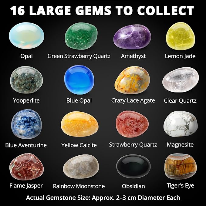 PIBEX Gemstone Collection - 16 PCS Polished Gems & Crystals (1-Inch / 2-3 cm), STEM Geology Kit with Guidebook, 54 ID Cards & Transparent Display Case, Rock Science Gift for Kids Ages 6+
