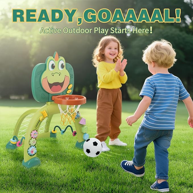 Basketball Hoop & Soccer Goal for Toddlers: Activity Center for 1 2 3 Year Old Boys Girls - Dinosaur Sports Toy with Lights & Music - Educational Interactive Toy Gift for Baby Kids Christmas Birthday