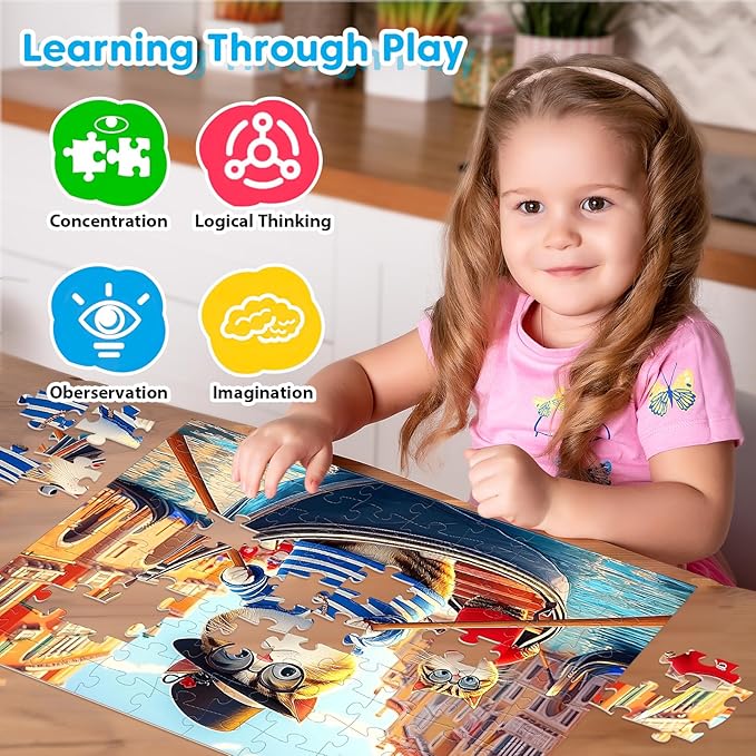 4-Pack 100 Piece Puzzles for Kids Ages 4-6 6-8 8-10 Year Old - Lovely Cats & Bear & Dogs Large Piece Jigsaw Puzzles, Kids Puzzles Learning Educational Toys Christmas Puzzle Gifts for Boys Girls