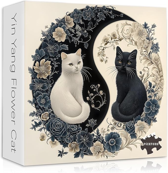 Yin Yang Cat Puzzle for Adults 1000 Pieces, Black and White Kitten Flower Animal Puzzle, Beautiful Aesthetic Art Kitty Floral Jigsaw Puzzle, Impossible Difficult Hard Challenge for Adults