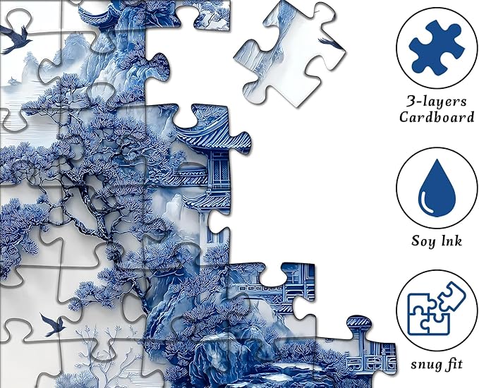 Impossible Landscape Puzzles for Adults 1000 Pieces，Nature Aesthetic Puzzle Blue and White Scenery,Unique Chinese Scenic Jigsaw Puzzles with Birds Boat,Hard Difficult Challenge Building Puzzle