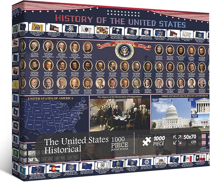 American History 2025 Jigsaw Puzzles 1000 Pieces, United States Puzzles for Adults Featuring USA Map, Presidents, Flag, American President Puzzle as History Home Decor