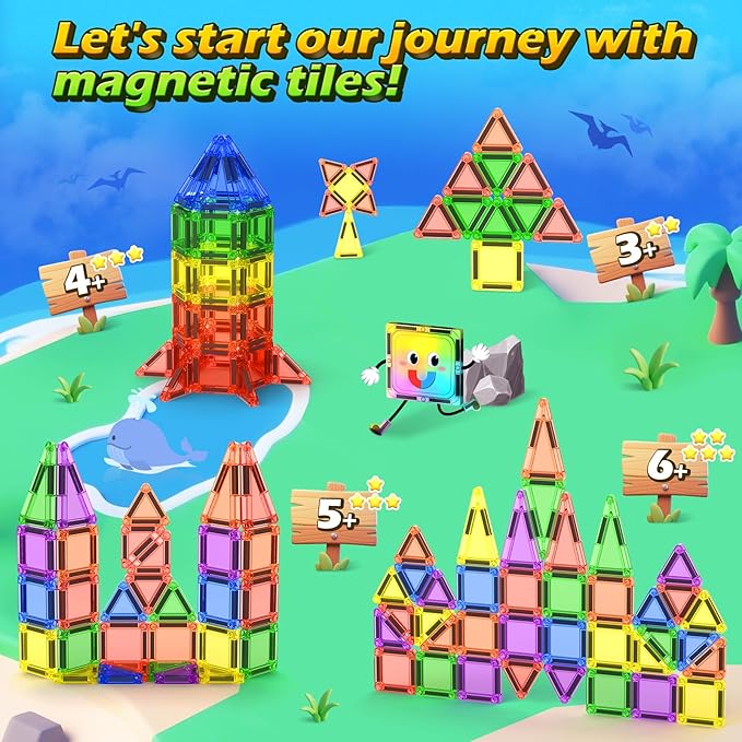 Soyee Mini Magnetic Tiles Travel Toddler Toys with Metal Tin Portable STEM Building Kids Toys for 3 4 5 6 7 8+ Years Old Boys & Girls & Birthday Gifts