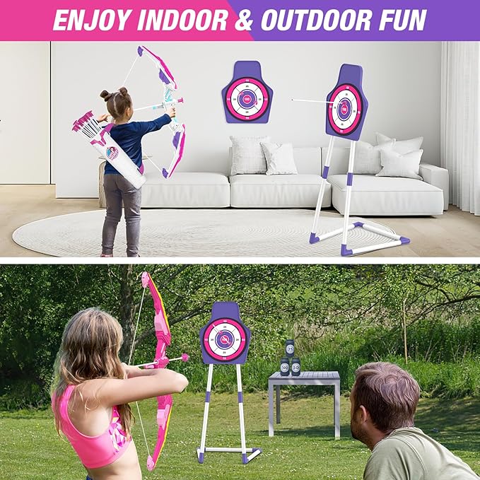 2 Pack Bow and Arrow for Kids 4-6, LED Light Up Archery Set with 24 Suction Cup Arrows, 1 Standing Target, 6 Score Targets & 2 Quiver, Indoor Outdoor Sport for Girls Ages 8-12