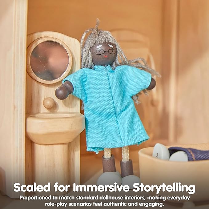 PlanToys® Grandmother Wooden Dollhouse Figurine | Poseable 1:12 Scale Mini Doll (5 Inch) | Dollhouse Accessories for Pretend Play | Eco-Friendly Montessori Toy for Kids Ages 3+