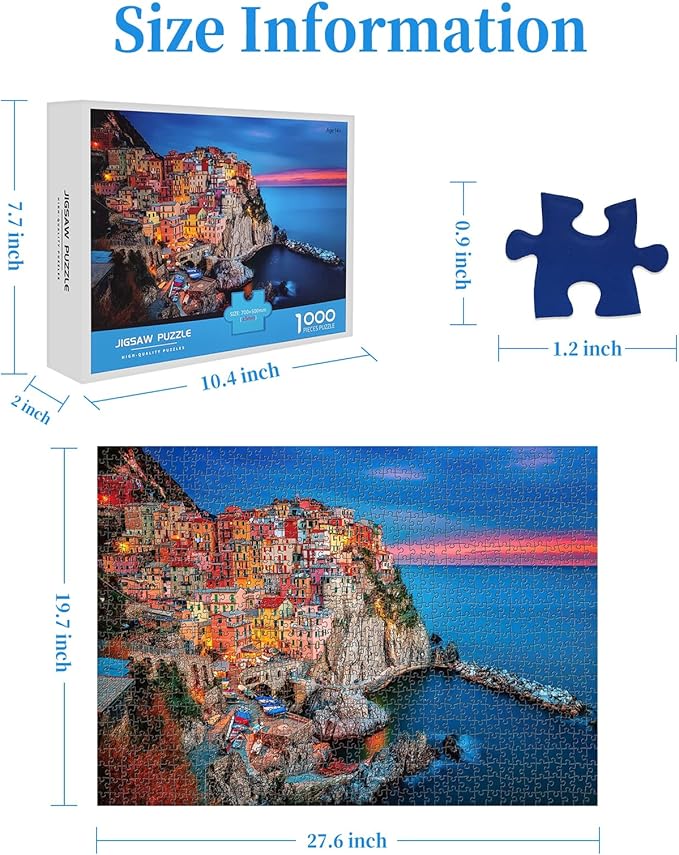 CHengQiSM 1000 Piece Puzzle for Adults, Dusk at Cinque Terre Puzzles for Adults 1000 Pieces, Italy Jigsaw Puzzle for Adults Teens Seniors, Premium Thick Cardboard, Finished Size 27.6 x 19.7 inches