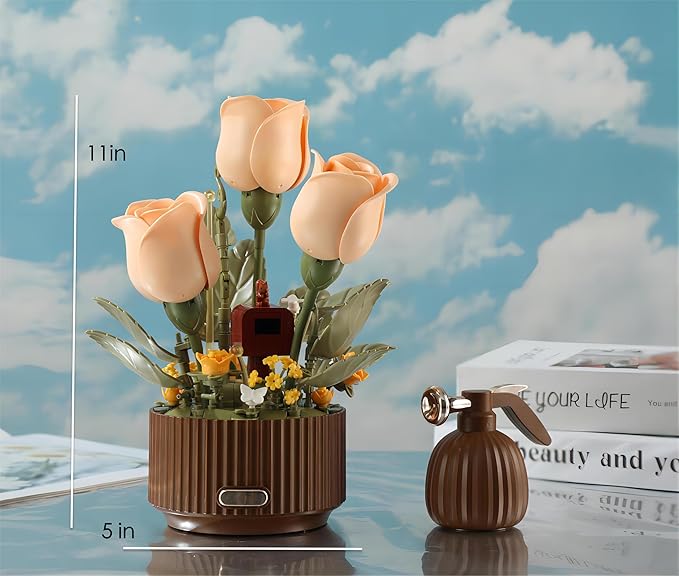 Electric Flower Bouquet Building Set with Remote Control Spray-Bottle, 255 PCS,Original Music (Type :Symphony) Motorized Roses Flowers STEM Construction Kit, Automatic Blooming Bouquet