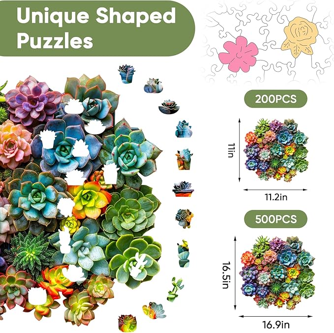 delobi Succulent Plants Wooden Puzzles, 200 Pieces Jigsaw Puzzles 11.2'' x11'', Unique Design Wooden Puzzles for Adults and Kids, Family Game Gift Medium Size
