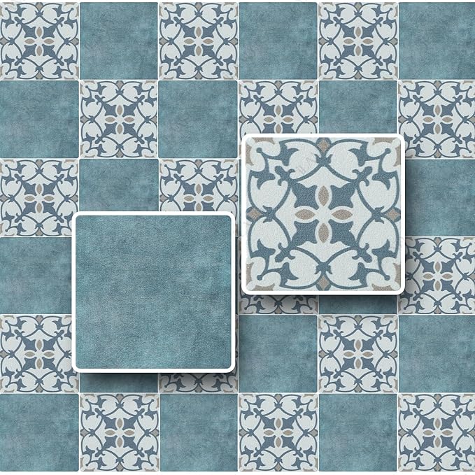 iLAND Dollhouse Flooring on 1/12 Scale 1/6 Scale, Miniature Dollhouse Accessories, 60pcs Double-Sided Dollhouse Floor Tiles (Luxury Rococo Floral & Blue Marble Tiles)