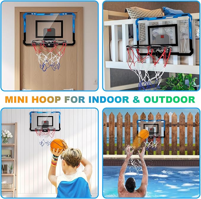 Basketball Hoop Indoor for Kids Adults with Scorer with 2 Scoring Methods, Door Room Basketball Mini Hoop with 3 Batteries and Balls, Basketball Accessories for Teen Boy Gifts, Blue