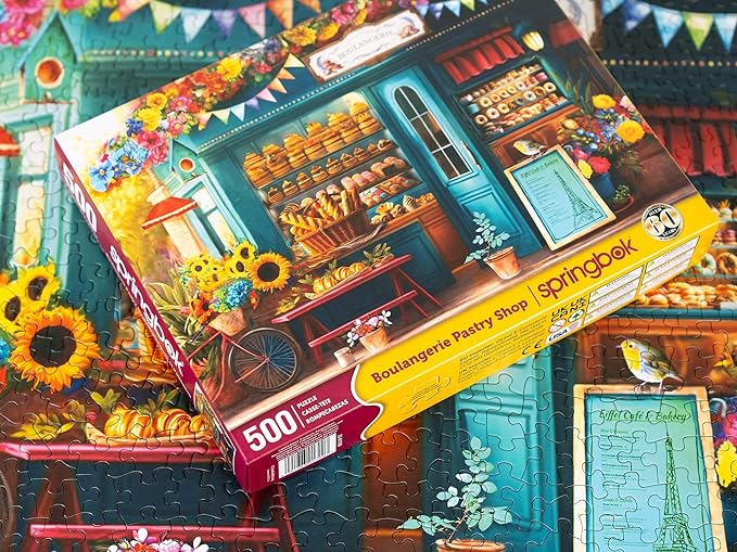 Springbok's Boulangerie Pastry Shop 500 Piece Jigsaw Puzzle for Adults Will Have Your Wishing for Pasteries in This Colorful Scene of Baked Goods and Flowers.
