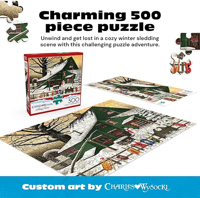 Buffalo Games - Charles Wysocki - Cocoa Break at the Copperfields - 500 Piece Winter Jigsaw Puzzle for Adults, Festive Christmas Puzzle with Poster, Premium Holiday Artwork, Finished 21.25 x 15.00