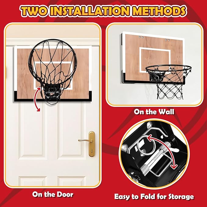 Indoor Basketball Hoop for Kids, Mini Basketball Hoops Over The Door and Wall Mount with Wooden Backboard, 3 Balls and Pump, Idea Toys Gifts for Kids and Adult