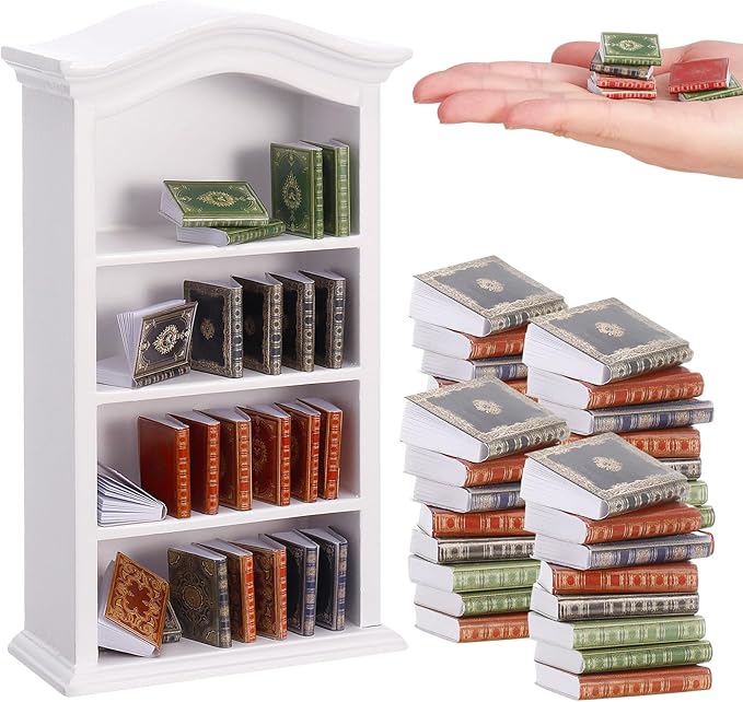 36 Pcs 1:12 Scale Miniatures Dollhouse Books and 1 White Wooden Bookcase,4 Floors Furniture Display Bookshelf Cabinet Mini Assorted Books,Dollhouse Decoration Accessories for Home Bedroom