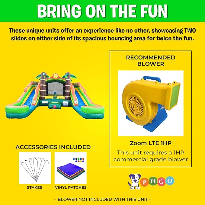 Crossover Tropical Double Water Slide Bounce House Combo, 16.5 x 15 x 11 Foot, PVC Vinyl Inflatable Bouncy House for Kids, Wet or Dry Slides, with Stakes and Storage Bag, Blower not Included