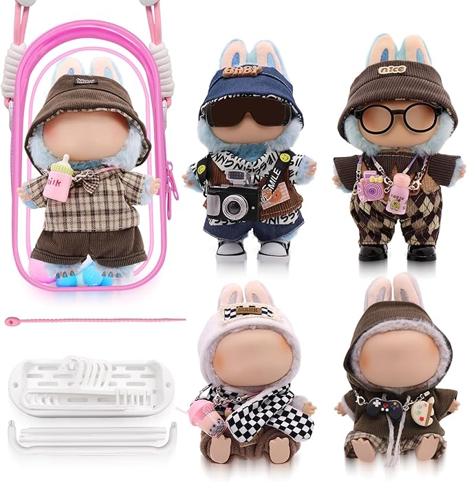 Clothes for Labubu, 23-piece Clothes and Accessories Set Designed for Labubu Doll Clothes, Includes Display Bag, Clothes Rack, Headphones, Camera, Glasses, Shoes, and 6 Mini Accessories - Style D
