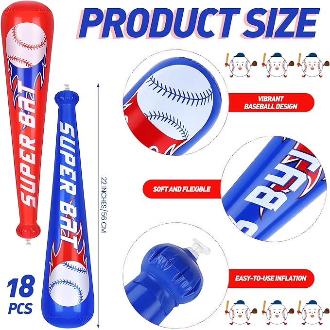 Fovths 18 Pieces Inflatable Baseball Bats, 22 Inch Blow Up Baseball Bat Inflates, Sports Theme Party Supplies for Summer Pool, Birthday Party Favors, Sports Carnival Decorations Prizes