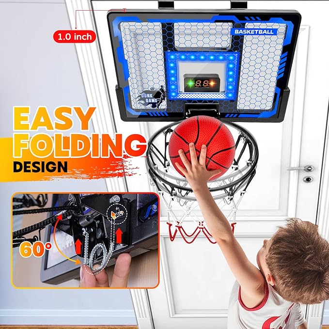 Indoor Basketball Hoop Pro for Kids, Over The Door Basketball Hoop with LED Light/Scoreboard/4 Balls- Upgraded Anti-Impact Backboard, Basketball Toys Gifts for 6 7 8 9 10 11 12 Year Old Boys